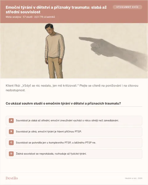 Co ukázal souhrn studií o emočním týrání v dětství a příznacích traumatu? A) Souvislost je slabá až střední; emoční zneužívání vychází o něco silněji než zanedbávání. B) Souvislost je silná, emoční týrání je hlavní příčinou PTSP. C) Souvislost se potvrdila jen u komplexního PTSP, u běžného PTSP ne. D) Žádná souvislost se neprokázala, rozhoduje až fyzické týrání.