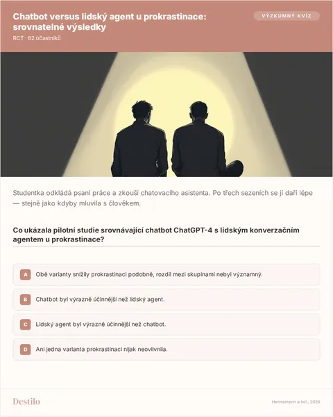 Co ukázala pilotní studie srovnávající chatbot ChatGPT-4 s lidským konverzačním agentem u prokrastinace? A) Obě varianty snížily prokrastinaci podobně, rozdíl mezi skupinami nebyl významný. B) Chatbot byl výrazně účinnější než lidský agent. C) Lidský agent byl výrazně účinnější než chatbot. D) Ani jedna varianta prokrastinaci nijak neovlivnila.