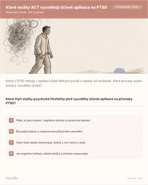 Které čtyři složky psychické flexibility plně vysvětlily účinek aplikace na příznaky PTSD? A) Přijetí, já jako kontext, kognitivní defuze a závazkové jednání B) Žití podle hodnot a uvědomování přítomného okamžiku C) Všech šest složek dohromady, žádná z nich sama o sobě D) Jen kognitivní defuze, ostatní složky s účinkem nesouvisely