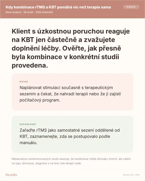 Dělat: Zařaďte rTMS jako samostatné sezení oddělené od KBT, zaznamenejte, zda se postupovalo podle manuálu. Nedělat: Naplánovat stimulaci současně s terapeutickým sezením a čekat, že nahradí terapii nebo že ji zajistí počítačový program. Proč: Metaanalýza randomizovaných studií ukazuje, že kombinace může příznaky zmírnit, ale záleží na typu stimulace, diagnóze a na tom, kdo terapii vede.