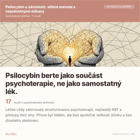 Psilocybin berte jako součást psychoterapie, ne jako samostatný lék. 17 studií v systematickém přehledu