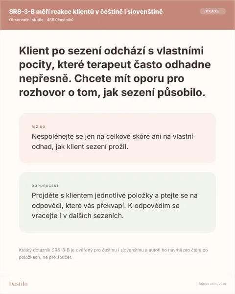 Dělat: Projděte s klientem jednotlivé položky a ptejte se na odpovědi, které vás překvapí. K odpovědím se vracejte i v dalších sezeních. Nedělat: Nespoléhejte se jen na celkové skóre ani na vlastní odhad, jak klient sezení prožil. Proč: Krátký dotazník SRS-3-B je ověřený pro češtinu i slovenštinu a autoři ho navrhli pro čtení po položkách, ne pro součet.
